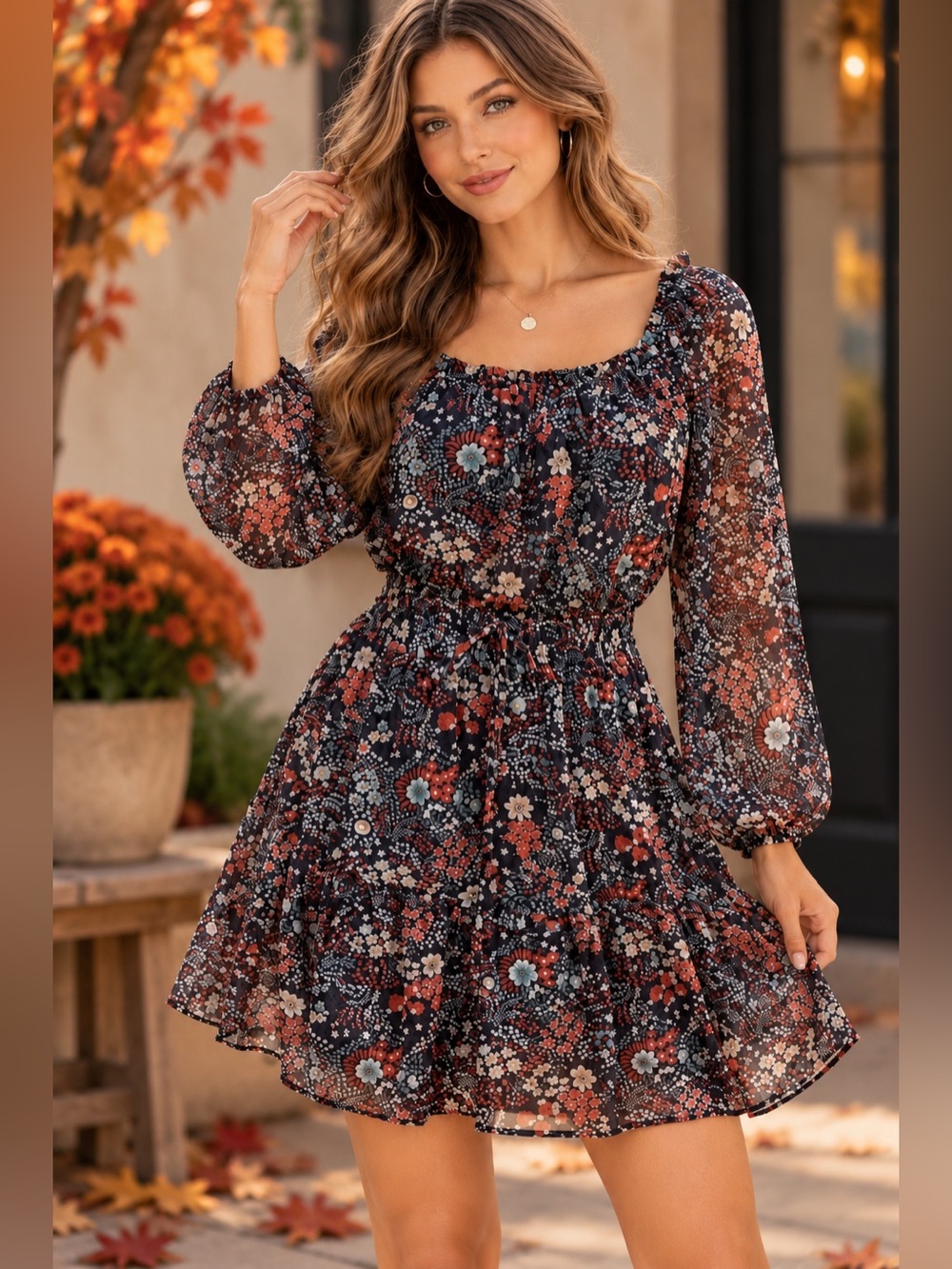 Ryan Michelle Floral Boho Smocked Waist Sheer Sleeve Dress Size M